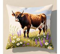 WallustrioaW Kit Coussin au Point Noué,Bovins des Highlands en fleurs,Tapis Point Noué,Kits de Crochet de Verrouillage for Adultes Débutants Bricolage,43x43cm