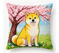 WallustrioaW Kit Crochet de Verrouillage Tapis DIY,Chien Akita sous le cerisier en fleurs,Kit Tapis Point Noué à Faire pour Débutants,Adultes,Latch Hook Canevas Coussin Point de Croix,43x43cm