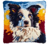 WallustrioaW Kit Crochet de Verrouillage Tapis DIY,Chien Border Collie et marguerite,Kit Tapis Point Noué à Faire pour Débutants,Adultes,Latch Hook Canevas Coussin Point de Croix,43x43cm