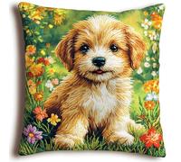 WallustrioaW Kit de coussin au point de croix,Chiot animal dans les fleurs,Kit de point de croix,toile de tapisserie imprimée pour une décoration créative de la maison 45x45cm