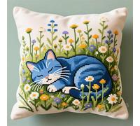 WallustrioaW Kit de Coussin avec Crochet à Loquet,Chat dormant dans les fleurs,Kit Coussin au Point Noué,création de Tapis et Canvas,Tapis Point Noué,43x43cm