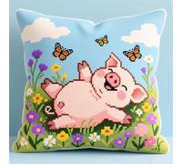 WallustrioaW Kit de Coussin avec Crochet à Loquet,Cochon rose dans les fleurs,Kit Coussin au Point Noué,création de Tapis et Canvas,Tapis Point Noué,43x43cm