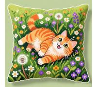 WallustrioaW Kit de Coussin avec Crochet à Loquet,Un chat heureux parmi les fleurs,Coussin au Point Noué,création de Tapis et Canvas,Kit Tapis Point Noué,43x43cm