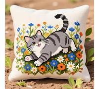 WallustrioaW kit de crochet à loquet,Un chat heureux parmi les fleurs,Kit de coussin avec crochet à loquet,broderie pour débutants,adultes et enfants,43x43cm