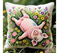 WallustrioaW Kit De Crochet De Loquet D'Oreiller,Cochon rose dans les fleurs,Housse De Coussin De Canapé Au Point De Croix,Bricolage Avec Outil De Crochet De Loquet,43x43cm