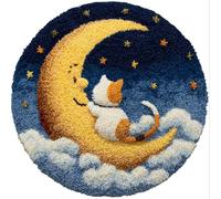 WallustrioaW Kit de tapis à nouer pour enfants,débutants et adultes,Chat sur la Lune,kits de crochet latch avec pré-impression,kits de nouage à faire soi-même,50x50cm