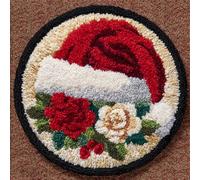 WallustrioaW Kit de tapis au crochet,Chapeau de Noël et fleurs,Patron pré-imprimé,broderie,loisirs créatifs pour adultes,kits de point de croix à faire soi-même,50x50cm