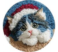 WallustrioaW Kit de tapis au crochet,Chat bleu portant un chapeau de Père Noël,Patron pré-imprimé,broderie,loisirs créatifs pour adultes,kits de point de croix à faire soi-même,50x50cm