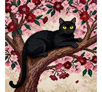 WallustrioaW kit de tapis au crochet pour débutants,Chat sous le cerisier,Housse de coussin Pour adultes,Décoration de la maison,festival,cadeau d'anniversaire,43x43cm