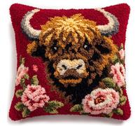 WallustrioaW kit de tapis au crochet pour débutants,vaches des Highlands et fleurs,Housse de coussin Pour adultes,Décoration de la maison,festival,cadeau d'anniversaire,43x43cm