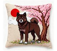 WallustrioaW Kit de Tapis de Crochet à Point Noué,Chien Akita sous le cerisier en fleurs,Coussin au Crochets à Loquet Bricolage,Création de Tapis à Crocher,Modèle de pré-imprimé,43x43cm