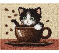 WallustrioaW Kit de Tapis de Crochet à Point Noué,Le chat qui boit du café,Kits de crochet de verrouillage pré-imprimés pour adultes Décoration Intérieure,55x75cm
