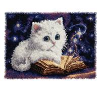 WallustrioaW Kit Tapis au Point Noué,Scène de nuit avec un chat blanc et des livres,Kit De Loquet Crochet CréAtion de Tapis et Canvas,DIY Adulte Rug À Crochets,52x38cm
