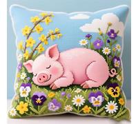 WallustrioaW Kits De Crochets De Loquet Pour Adultes,Cochon dormant dans les fleurs,Kit De Crochet De Loquet Coussin,Coussin De Crochet De Loquet Bricolage Débutants,43x43cm