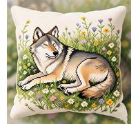 WallustrioaW Kits De Crochets De Loquet Pour Adultes,Loup dormant parmi les fleurs,Kit De Crochet De Loquet Coussin,Coussin De Crochet De Loquet Bricolage Débutants,43x43cm