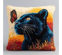 WallustrioaW Latch Hook Cushion Kits,Papillon et panthère noire,Latch Hook Pillow Case Kits Embroidery Carpet Set,DIY Needlework Sofa Cushion,17x17in