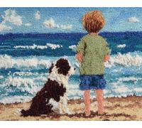 WallustrioaW Latch Hook Rug Kits,Paysage,garçon et chien au bord de la mer,DIY Rug Making Kits for Adults Kids Beginners Carpet Doormat Creative Gift Home Decoration,60x90cm