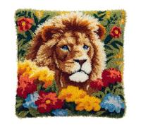 WallustrioaW Loquet Crochet Kit Complet Housse de Coussin,Lion dans le jardin fleuri,Kit de Fabrication de Taie d'oreiller de Crochet pour Enfants Adultes Débutants,43x43cm