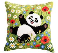 WallustrioaW Loquet Crochet Kit Complet Housse de Coussin,Un panda heureux parmi les fleurs,Kit de Fabrication de Taie d'oreiller de Crochet pour Enfants Adultes Débutants,43x43cm