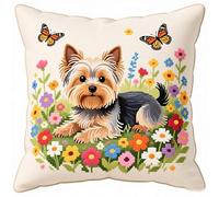 WallustrioaW Loquet Crochet Kit Complet Housse de Coussin,Yorkshire terrier en fleurs,Kit de Fabrication de Taie d'oreiller de Crochet pour Enfants Adultes Débutants,43x43cm