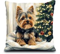 WallustrioaW Noël Kit de coussin au point de croix,Yorkshire terrier et décorations,kit de broderie,broderie à l'aiguille faite à la main,housse de coussin pour adulte débutant,45x45cm