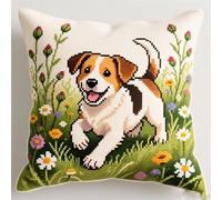 WallustrioaW Noué Coussin au Crochets à Loquet Bricolage,Chiot dans les fleurs,Kit de Tapis de Crochet à Point,Modèle de couleur pré-imprimé,43x43cm
