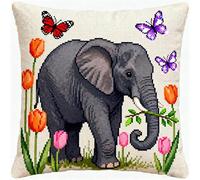 WallustrioaW Noué Coussin au Crochets à Loquet Bricolage,Éléphant parmi les fleurs,Kit de Tapis de Crochet à Point,Modèle de couleur pré-imprimé,43x43cm