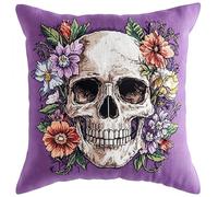 WallustrioaW os coussin point de croix kit complet,Fleur de crâne,Kit de Broderie au Point de Croix Pré-imprimé,Taie d'oreiller,DIY Kit Loisir Créatif,45x45cm