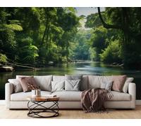 WallustrioaW Papel Pintado 3D Personnalisé Paysage Du Ruisseau Du Lac Green Forest Papier Peint Mural Photo,Sans Couture,Facile À Installer,Décoration Maison Pour Propriétaires Français-100X100Cm