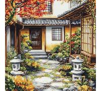 WallustrioaW paysage broderie coussin point de croix kit complet,jardin japonais Kit Point de Croix DIY Loisir Créatif pour Adulte,45x45cm cadeau de décoration intérieure