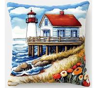 WallustrioaW paysage Kit de coussin au point de croix,Chalet du phare en bord de mer,Kit de point de croix,toile de tapisserie imprimée pour une décoration créative de la maison 45x45cm