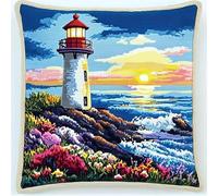 WallustrioaW paysage point noué kit de taie d'oreiller à crochet,Fleurs et phare au bord de la mer,Kit Coussin au Point Noué pour la Décoration D'oreillers et de Coussins,43x43cm