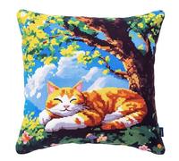 WallustrioaW point noué kit de taie d'oreiller à crochet Chat sous le cerisier en fleurs,Kit Coussin au Point Noué pour la Décoration D'oreillers et de Coussins,43x43cm