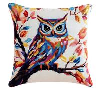 WallustrioaW point noué kit de taie d'oreiller à crochet chouette sur une branche d'arbre,Kit Coussin au Point Noué pour la Décoration D'oreillers et de Coussins,43x43cm