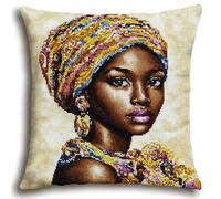 WallustrioaW Portraits Kit de Coussin à Broder au Point de Croix,fille africaine,Kit de broderie au point de croix estampillé,DIY de Coussin à Broder 45x45cm