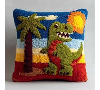 WallustrioaW Style de dessin animé Noué Coussin au Crochets à Loquet Bricolage,Cocotiers et dinosaures,Kit de Tapis de Crochet à Point,Modèle de couleur pré-imprimé,43x43cm
