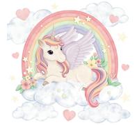 Wally Fox - Autocollants muraux chambre enfant - Autocollant mural chambre bébé - Non toxique - Set Licorne, arc-en-ciel, étoiles, nuages, cœurs L - rose, violet, jaune, couleurs pastel - 52,5x80cm