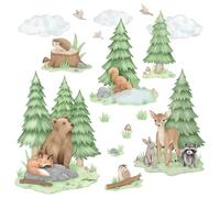 Wally Fox - Autocollants muraux Chambre Enfant - Autocollant Mural Chambre bébé - Non Toxique, sûr - Set - Animaux de la forêt, Ours, Chevreuil, Hibou, Renard L - Vert, Marron - 52,5x145cm