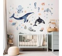 Wally Fox - Autocollants muraux chambre enfant - Autocollant mural chambre bébé - Non toxique, sûr - Set - animaux marins, baleine, dauphin, pieuvre, océan - bleu, bleu-bleu, beige - 52,5x145cm