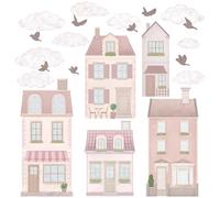 Wally Fox - Sticker Mural Chambre d'enfant - Tatouage Mural Chambre de bébé - Non Toxique, Puissant - Set 22 pièces, chalets, Maisons de Ville, Maison de Ville Parisienne - Rose, Poudre, Crème, Beige