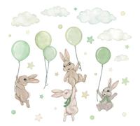 Wally Fox - Sticker mural chambre d'enfant - Tatouage mural chambre de bébé - Non toxique, sûr, puissant - 29 pièces autocollantes, lapins avec ballons, lapins - Vert, Crème, Beige