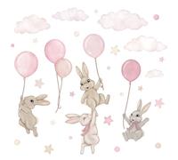 Wally Fox - Sticker mural chambre d'enfant - Tatouage mural chambre de bébé - Non toxique, sûr, puissant - 29 pièces autocollantes, lapins avec ballons, lapins - Bleu, Bleu, Crème