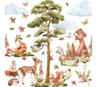 Wally Fox Stickers muraux animaux de la forêt - Non-toxique, sûr, de haute qualité, Stickers muraux, Décoration murale pour chambre d'enfant - Vert, Marron, Rouge, Renard Teddy Chevreuil Tree
