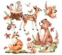 Wally Fox Stickers muraux animaux de la forêt - Non-toxique, sûr, de haute qualité, Stickers muraux, Décoration murale pour chambre d'enfant - Vert, brun, rouge, ourson, renard, Chevreuil