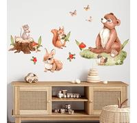 Wally Fox Stickers muraux animaux de la forêt - Non-toxique, sûr, de haute qualité, Stickers muraux, Décoration murale pour chambre d'enfant - Vert, Marron, Rouge, Ourson, Lièvre, Ecureuil