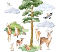 Wally Fox stickers muraux animaux de la forêt taille 10,5-150 cm | 14 stickers : animaux et clairière boisée, à poser soi-même sur le mur pour décorer la chambre d'enfant.