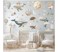 Wally Fox Stickers muraux baleines & bateaux bleu taille 10-77,5 cm | Baleines, bateaux et montgolfières, 46 pièces de 10 à 77,5 cm, en bleu, crème beige et brun, pour la chambre d'enfant.