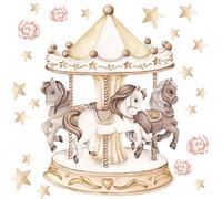 Wally Fox Stickers muraux carrousel & poneys crème & doré taille 9,5-75 cm | Un carrousel, des poneys, des étoiles et des roses, de 9,5 à 75 cm, en tons crème et doré, pour la chambre d'enfant.