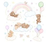 Wally Fox Stickers muraux chambre enfant ours & ballons taille 5,1-74,7 cm | Ours sur des nuages et des ballons avec un arc-en-ciel, 38 pièces de 5,1 à 74,7 cm, en tons pastel, pour l'enfant.