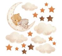 Wally Fox Stickers muraux chambre enfant ours sur la lune taille 12-45 cm | Dans le set : un ours endormi au clair de lune, étoiles et nuages, 21 pièces, en brun et crème.
